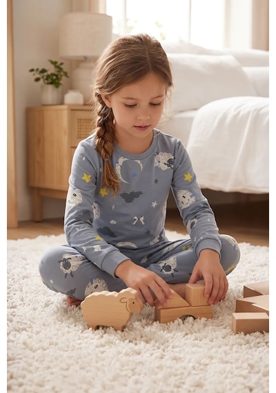 Zuzunga Unisex Mavi Ay Ve Kuzu Desenli Uzun Kollu Pijama Takımı Buz Mavi