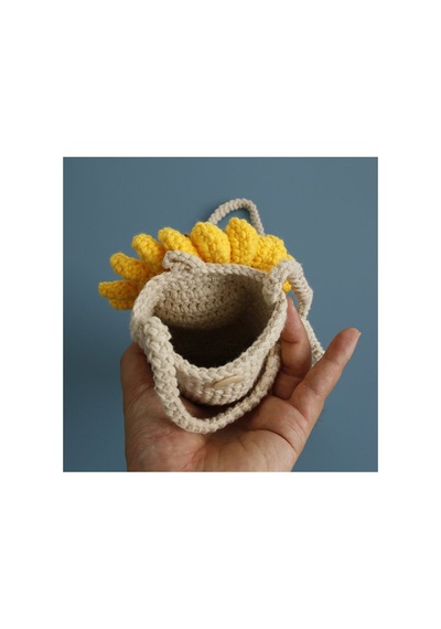 Melonndesign Ayçiçeği Motif Detaylı Handmade Örgü Telefon Çantası % 100 Cotton Trend Kadın El Çantası Sarı