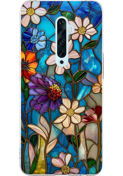 Printify Oppo Reno 2z İle Uyumlu Vitray Mavi Bahar Tasarımlı Şeffaf Silikon Kılıf Şeffaf