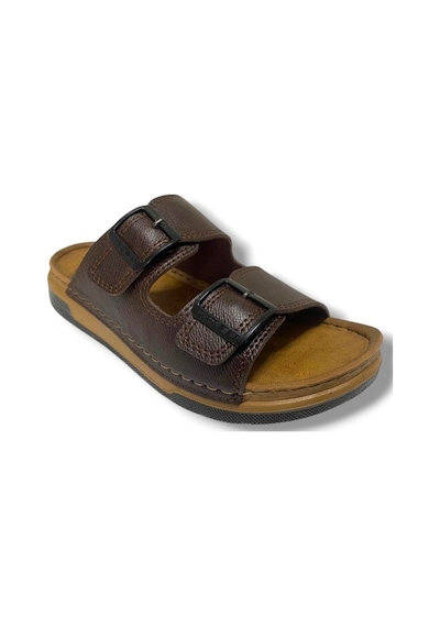 Enova M253-0202-25 Deri Anatomik Soft Çift Bant Erkek Terlik Kahverengi