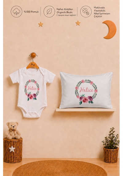 Pia Baby Kız Bebek İsme Özel Hediye Seti %100 Pamuk Body Yastık Kılıfı Ve Ham Bez Bebek Kıyafet Kesesi 2063bykyx Ekru