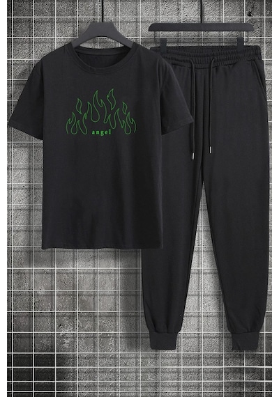 Uyguntarz Unisex Green Angel Baskılı 2'li Eşofman Takımı Siyah