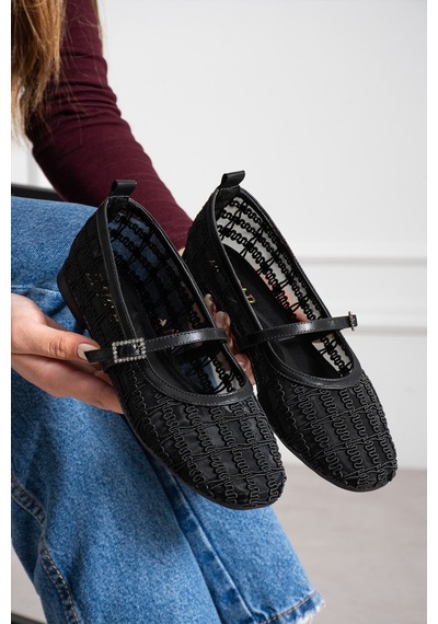 Dabab Shoes Rıvena Kadın Siyah Tül Üzeri Nakış Detaylı Kare Burun Üstten Bantlı Düz Taban Mary Jane Babet
