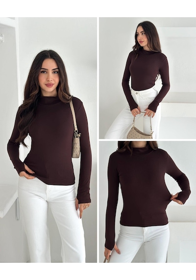 Kadın Yarım Balıkçı Yaka Parmak Geçmeli Full Likralı Buzz Body Kahverengi