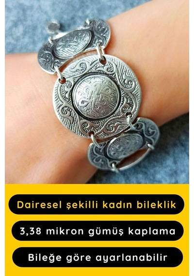 Dairesel Şekilli Motifli Gümüş Kaplama Ayarlanabilir El Yapımı Bileklik Çok Renkli
