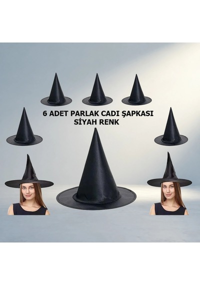 Parlak Dralon Cadı Şapkası Siyah Renk Yetişkin Ve Çocuk İçin