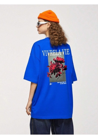 Flood Of Style Unisex Mavi Vivre La Vie Baskılı Oversize Bisiklet Yaka Penye Tişört