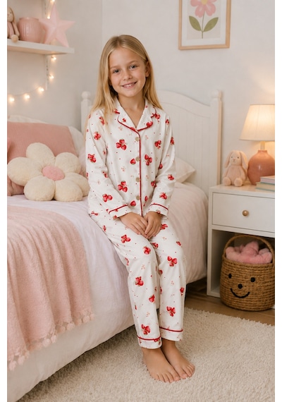 Beniizle Kız Çocuk Çilek Desenli Uzun Kollu Pijama Takımı Beyaz