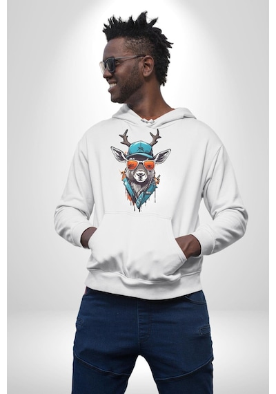 Güneş Gözlüğü Savaşcı Geyik Kadın Erkek Beyaz Kapüşonlu Sweatshirt Hoodie Beyaz