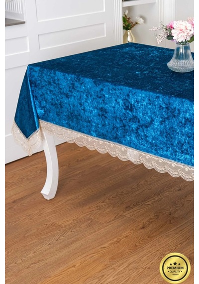 Pera Lüx Dantelli Kadife Kumaş Turkuaz Masa Örtüsü 160x220 Cm - 1421 Çok Renkli