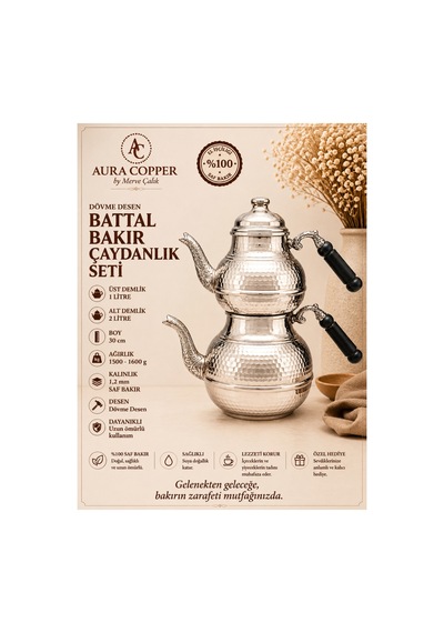 Battal Boy Dövme Desenli Bakır Çaydanlık Seti 1,2 Mm Gümüş Renk Üst 1 L Alt 2 L - Bakır Bileklik Hediyedir Trs-0069