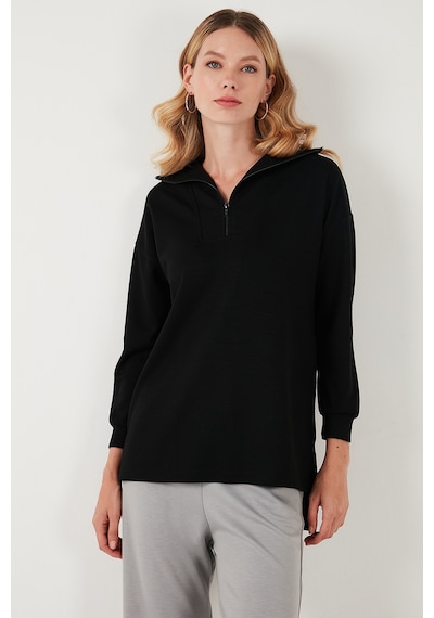 Lela Regular Fit Fermuarlı Yaka Önü Kısa Arkası Uzun Bayan Sweat 5865876 Siyah