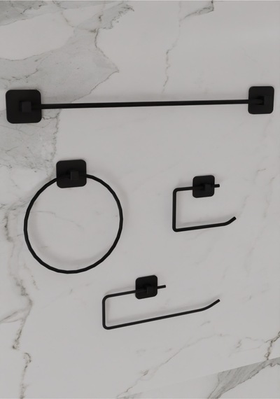 Siyah Yapışkanlı 9'lu Banyo Seti Banyo Rafı Kancalı Banyo Rafı Havluluk Fönlük Tuvalet Kağıtlık Siyah