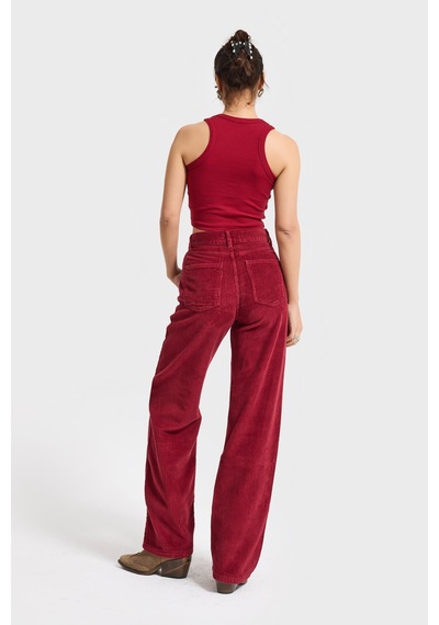 Itsbasic Kadın Bordo Renk Doris 26w5-35 Straight Fit Yüksek Bel Kalın Fitilli Velvet Kadife Kumaş Pantolon