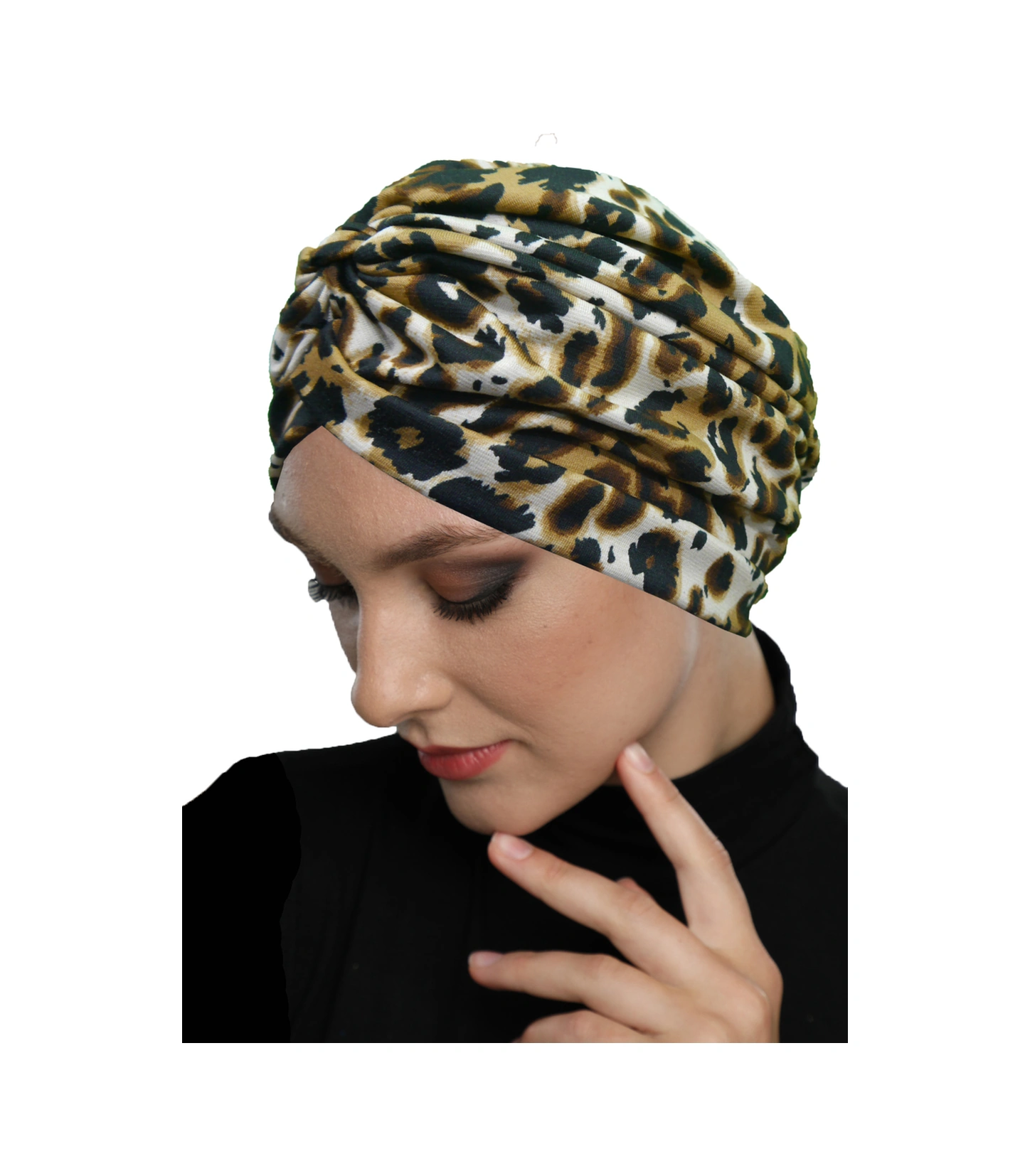 Elysianfidan Savanna Chic Desenli Çapraz Ve Bant Detaylı Astarlı Hazır Türban Tesettür Havuz Bonesi Açık Leopar