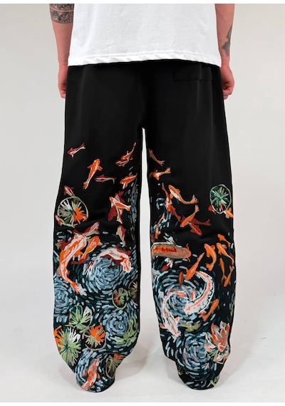 Zaee Koi Fish Nakışlı Ayarlanabilir Paça Baggy Eşofman Altı Siyah