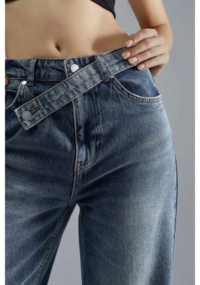 Hiccup Squalo Yüksek Bel Geniş Paçalı Kot Pantolon Orta Mavi Denim