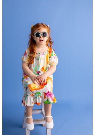 Oliventhekid Yaka Kol Lastikli Kız Çocuk Elbise Renkli Çok Renkli