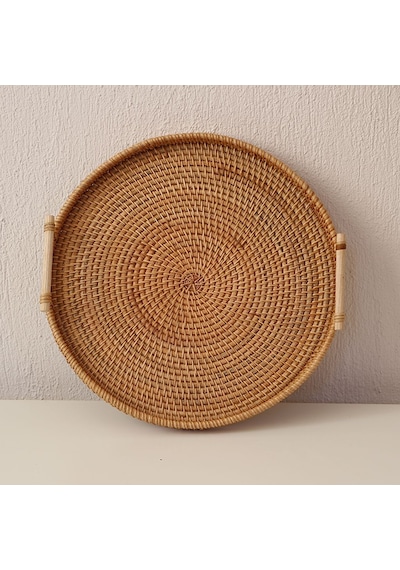 Bohem Rattan Kulplu Hasır Tepsi 35, Iskandinav, Modern