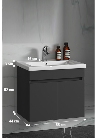 Çiğdem 55 Cm Antrasit Gri Mat Mdf Lavabolu Asma Banyo Alt Dolabı Antrasit - Gri