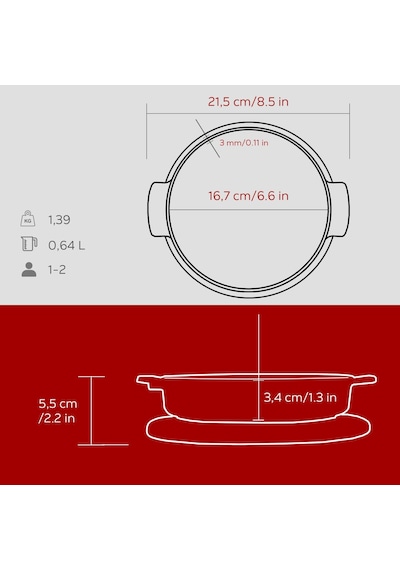 Lava Döküm Yuvarlak Güveç Kabı Döküm Demir Yekpare Çift Kulplu Kayın Servis Ahşabı Çap Ø 17cm.-bordo Bordo