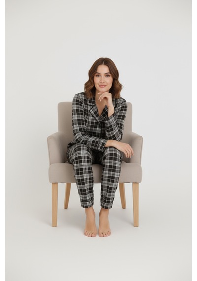 Luxury Viscose Siyah Beyaz Ekose Desenli Kadın Uzun Kollu Pijama Takımı 42575 Gümüş