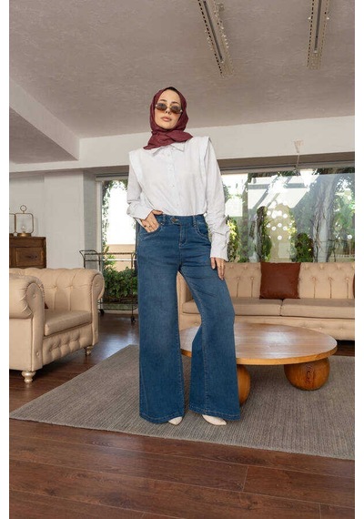 Neways 1067-denim Bol Paça Pantolon Koyu Mavi Mavi