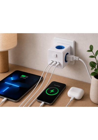 4'lü Akıllı Duvar Prizi 2 Usb 1 Type-c Girişli Akım Korumalı Anahtarlı Çoklu Priz Küp Usb Şarjlı Topraklamal 0