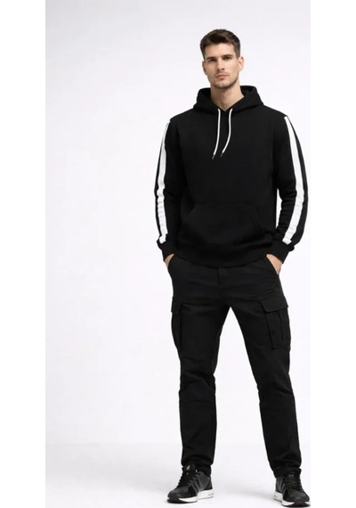 Butik İstanbul Erkek Şeritli Kapüşonlu Sweatshirt Oversize 3 Iplik Pamuklu - Siyah