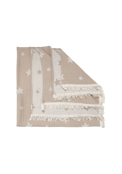 Unisex Bej Kahve Yıldız Desenli 4 Kat Püsküllü Organik Müslin Battaniye 110x120cm Çok Renkli