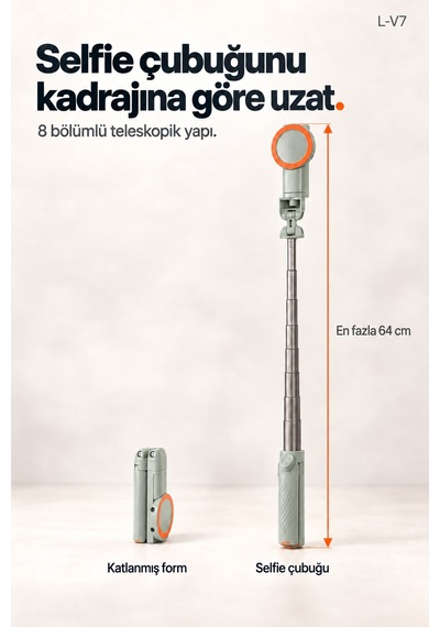 L-v7 Manyetik Bluetooth Kumandalı Tripod Selfie Çubuğu 64 Cm, 3 Ayaklı, 2 Kg Taşıma - Siyah Yeşil
