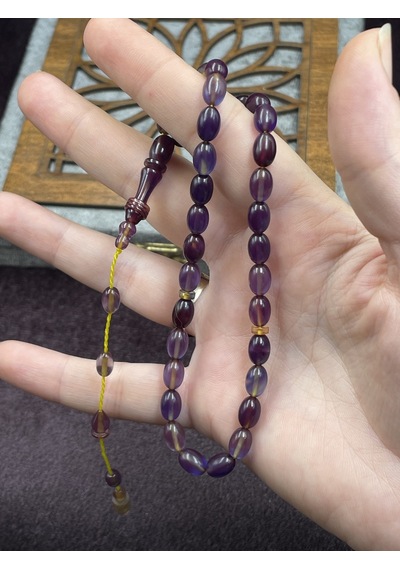 Salih Şirin Halkalı İmame Badem Kesim Lila Mor Sıkma Kehribar Tesbih 6x8 Mm