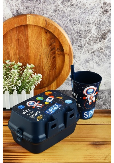 İki Katlı Bölmeli Beslenme Kutusu+pipetli Bardak 400 Ml.