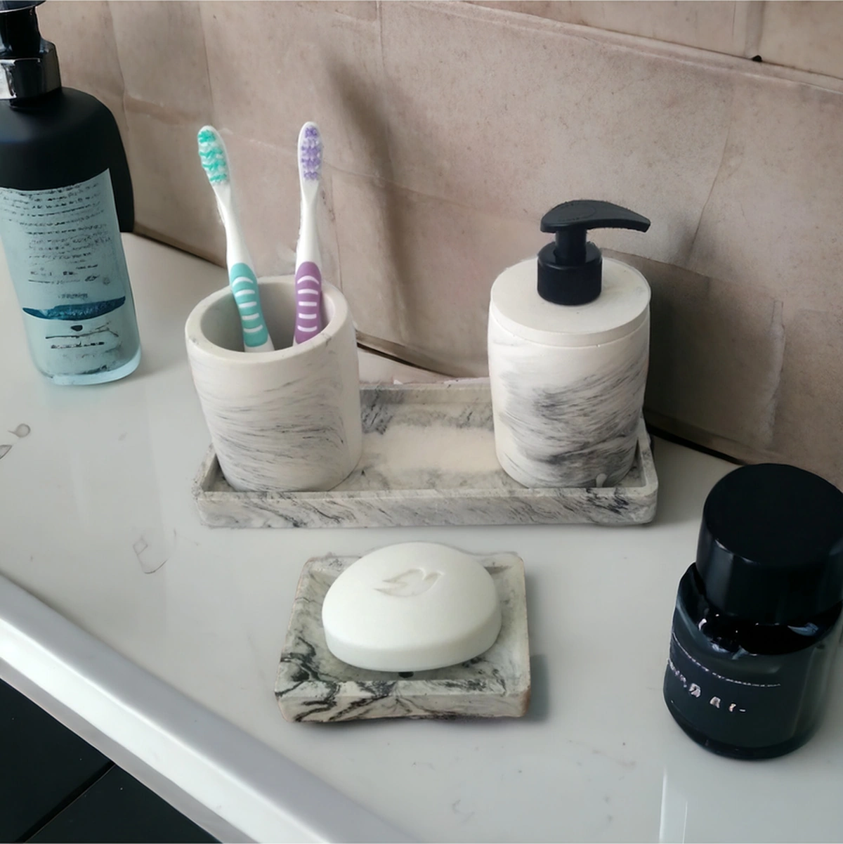 Marble 4'lü Banyo Seti , Sıvı Sabunluk Diş Fırçalığı Beton Aksesuar Takım Gri