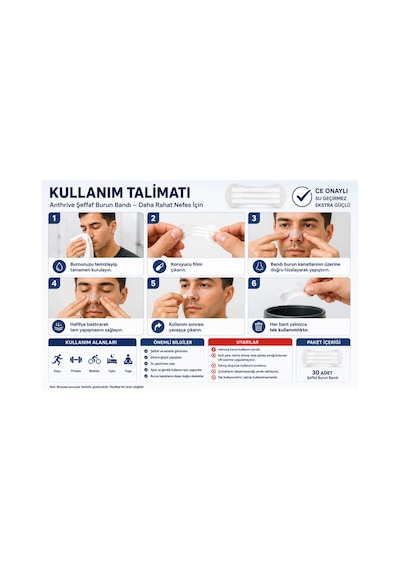 Anthrive Ce Onaylı Ekstra Güçlü Su Geçirmez Şeffaf Burun Bandı Spor, Uyku Ve Günlük Kullanım İçin Nefes Desteği 30 Adet 1 Aylık Kullanım