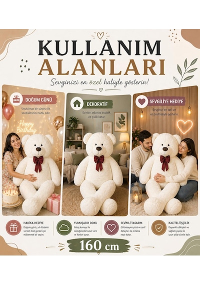 Özgüner Oyuncak 160 Cm Dev Pelüş Ayı, Papyonlu Ve Sevimli Büyük Boy Ayıcık, Yumuşak Sarılmalık Peluş, Sevgi Genel