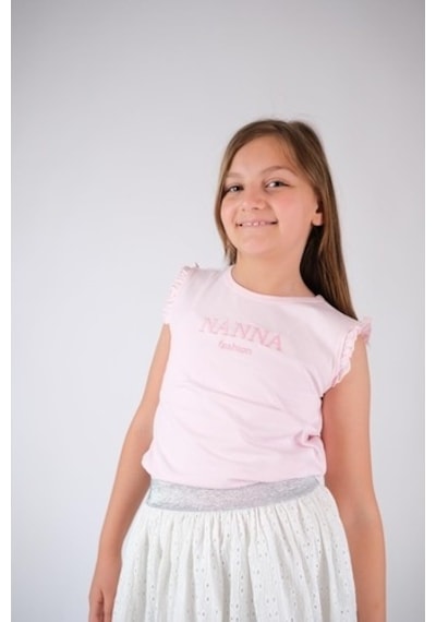 Vintage Kolsuz Fırfırlı Pamuklu Tişört Pudra Pembe Nanna Fashion 2022-G-0