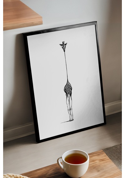 Giraffe Siyah Ahşap Çerçeveli Poster, Dekoratif Soyut Monokrom Duvar Tablosu