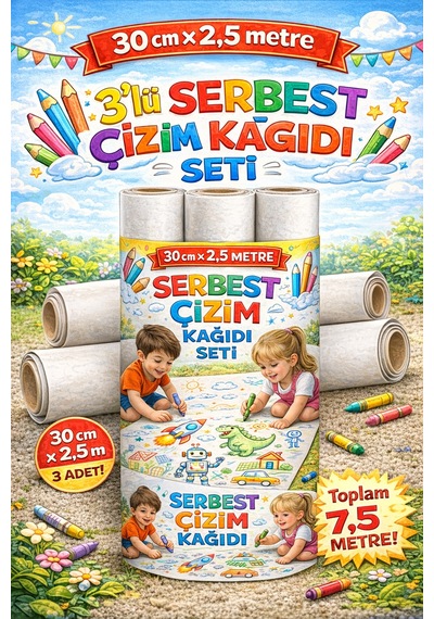 3 Lü Serbest Çizim Rulosu Seti 30 Cm X 2.5 Metre Çizim Kağıdı Toplam 7.5 Metre