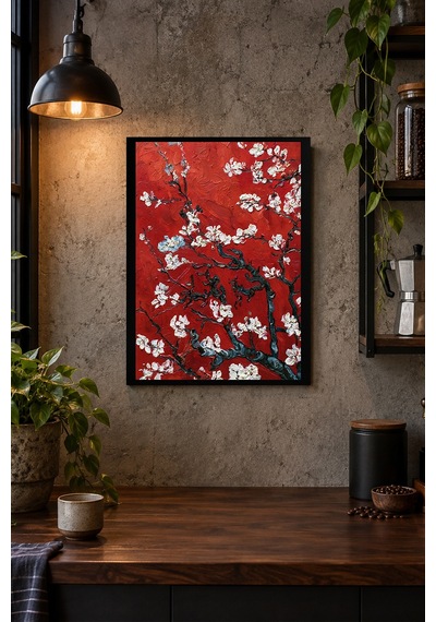 Beyaz Çiçekli Kırmızı Dal Desenli Dekoratif Mdf Tablo, Çerçeve Görünümlü Ahşap Poster