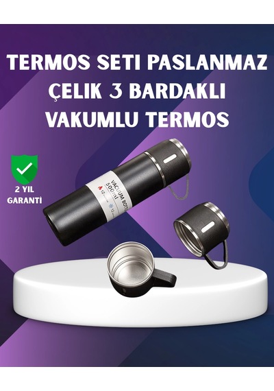 Paslanmaz Termos Ve İkili Bardak Seti 6-12 Saat Sıcak/soğuk Tutma Açık Lacivert