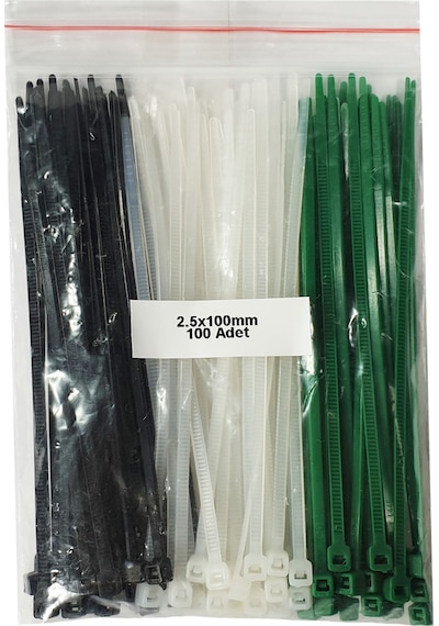 Plastik Kablo Bağı - SİYAH+BEYAZ+YEŞİL -2,5mmx100mm -  (100 Adet)