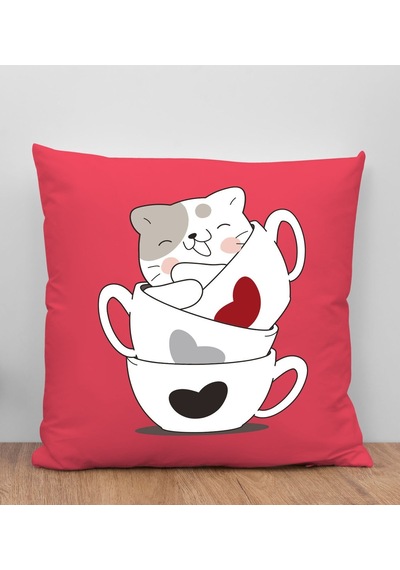 Bk Gift Kedi Tasarımlı Kırmızı Kırlent Yastık, Arkadaşa Hediye, Ev Dekorasyonu, Ev Hediyesi-10