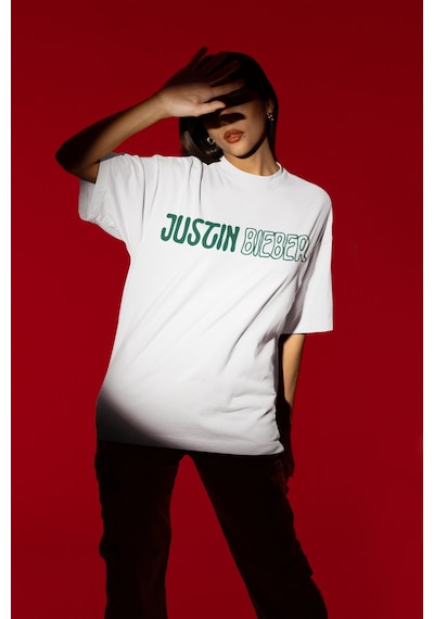 Sevbano Tasarım Justin Bieber Sırt Baskılı Unisex Oversize Şarkıcı Tişört Beyaz