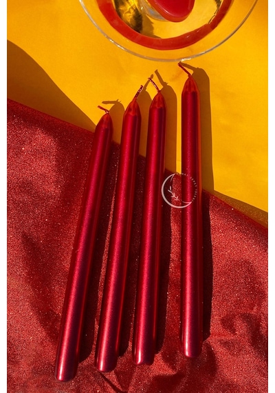 Kırmızı Sedefli - Metalik Renk Konik Şamdan Mum - 4'lü Set Kirmızı