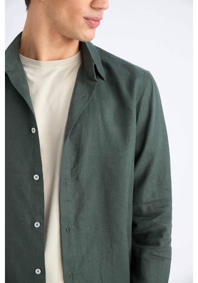 DeFacto %100 Keten Regular Fit Polo Yaka Yazlık Uzun Kollu Gömlek D9925AX25SPKH498