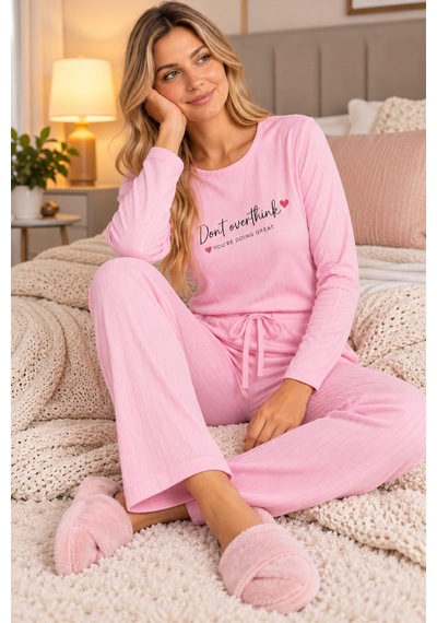 C&City City Love Kadın Pembe Fitilli Uzun Kollu Baskılı Pijama Takımı Açık Pembe
