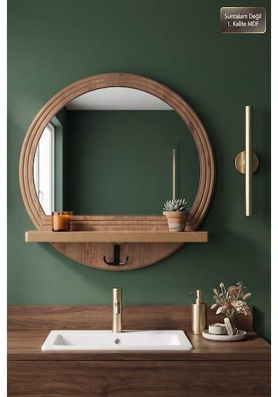 Antik Ahşap Desenli Dekoratif Ayna Raflı Askılıklı Banyo Oda Lavabo Wc Dresuar Koridor Konsol Mutfak Makyaj Aynası Yn-102 Atlantik Çam