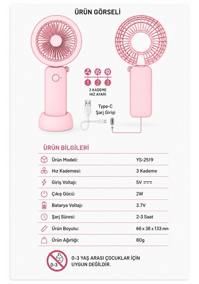 Panda Taşınabilir Mini Fan Sevimli Tasarım Etkili Serinlik