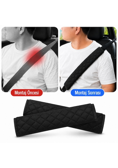 Microcase Kapitone Desen Emniyet Kemeri Ve Askılık Omuzluk Kılıfı Yumuşak Elyaf Dolgu Malzeme Cırtlı Tasarım Siyah 2 Adet 50 Cm Al5670
